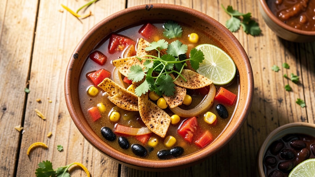 Authentic No-Chicken Tortilla Soup Recipe: Crispy Corn Topping and Smoky Tomato Velout