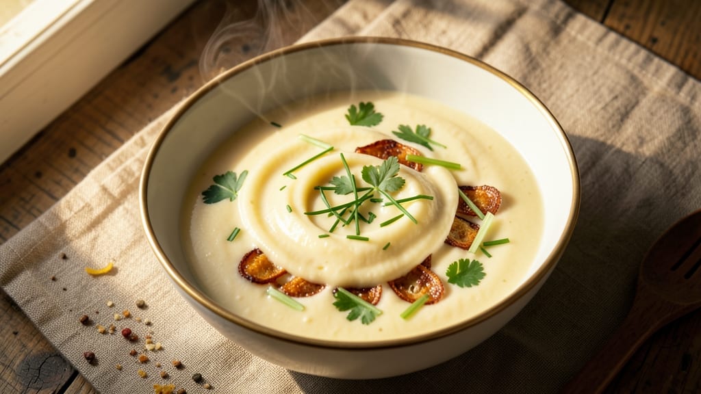 Austrian Garlic Cream Soup Recipe: Velvety Garlic Infusion With Crispy Celery Crowns