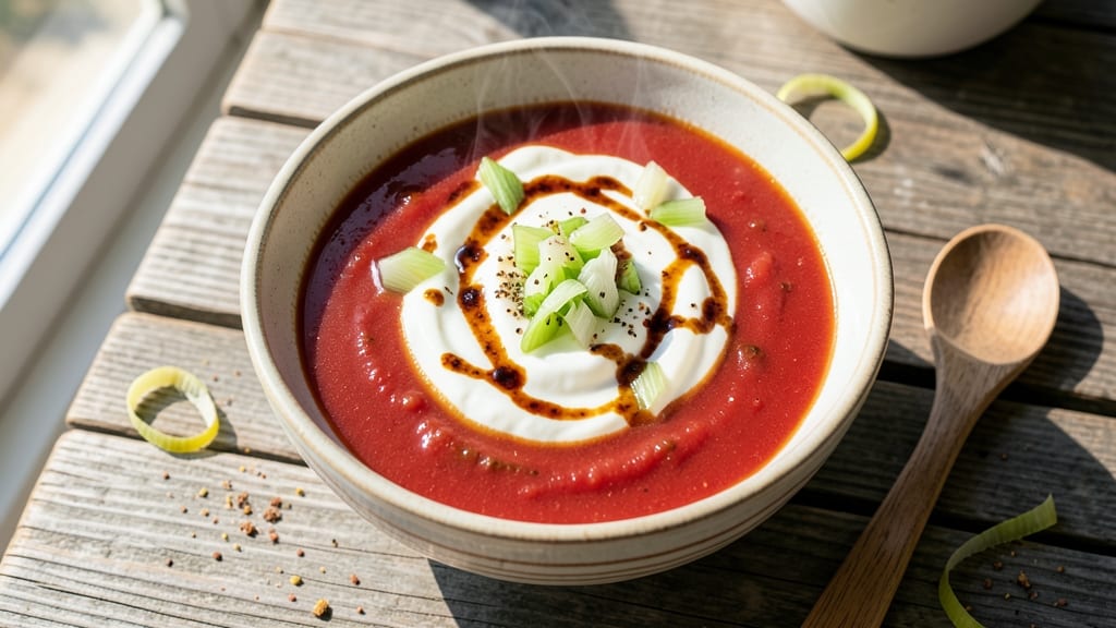 Beach Bar Clarklake Tomato Soup Recipe: Smoky Celery Crown Crunch Over Creamy Base