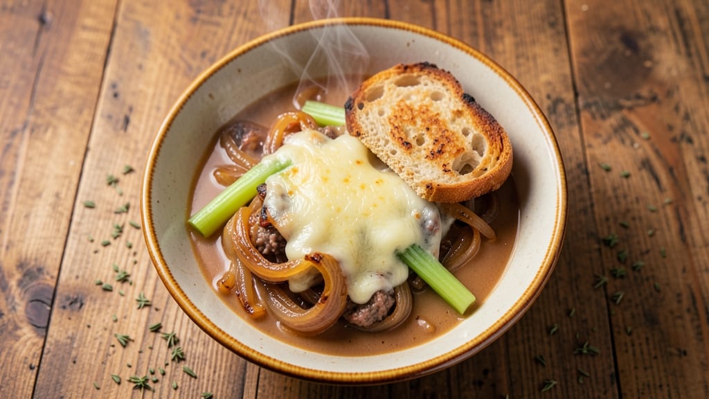Berns French Onion Soup Recipe: Crispy Celery Crowns Over Caramelized Beef Broth