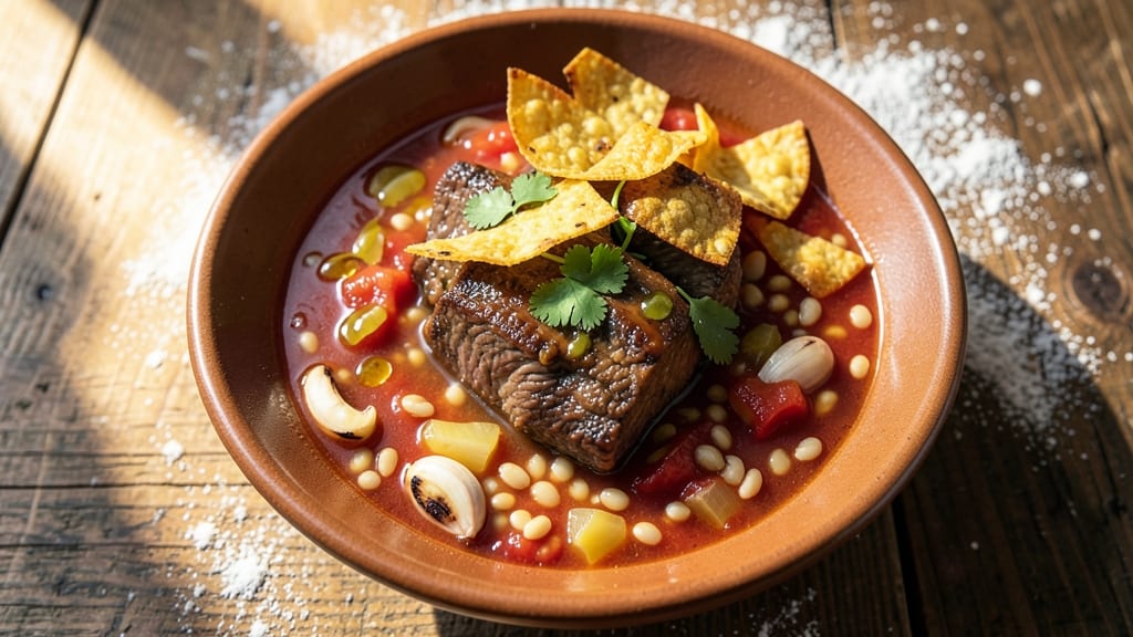 Beef and Hominy Soup Recipe: Smoky Tomato-Braised Beef with Crispy Tortilla Strips