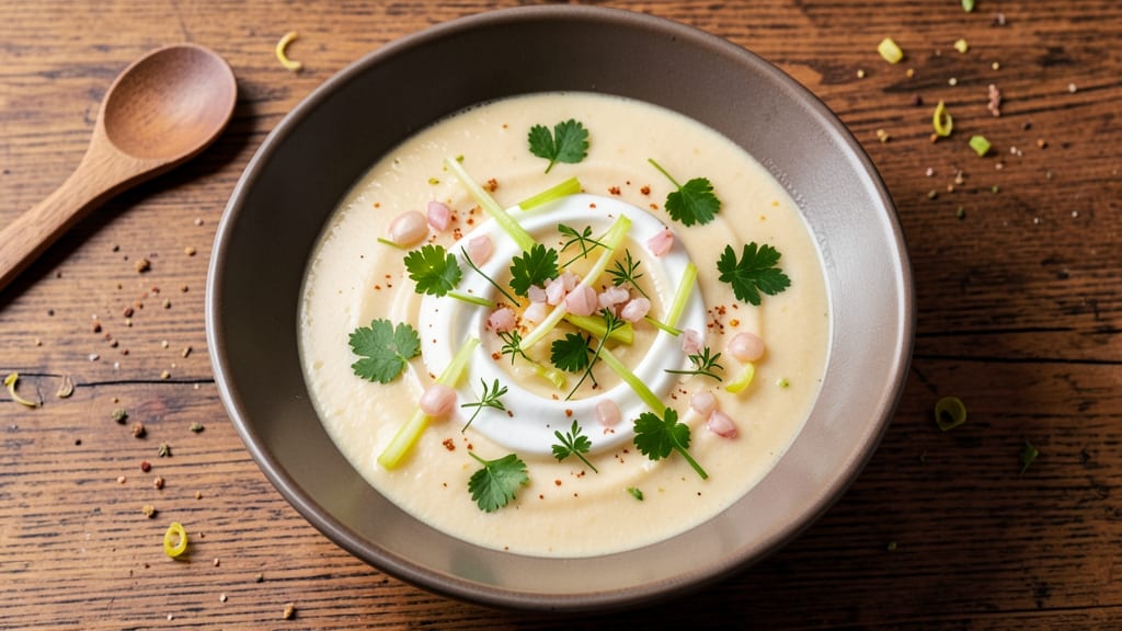 Any Soup Recipe: Crispy Celery Crowns Over Velvety Herb Velout