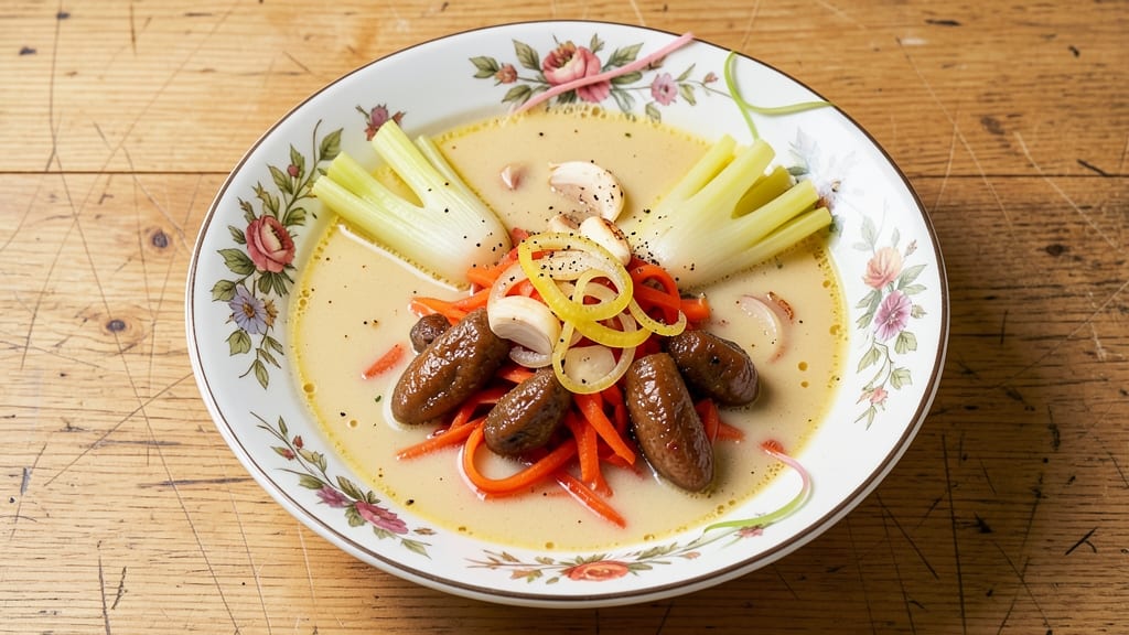 Bird Tongue Soup Recipe: Crispy Celery Crowns on Silky Broth