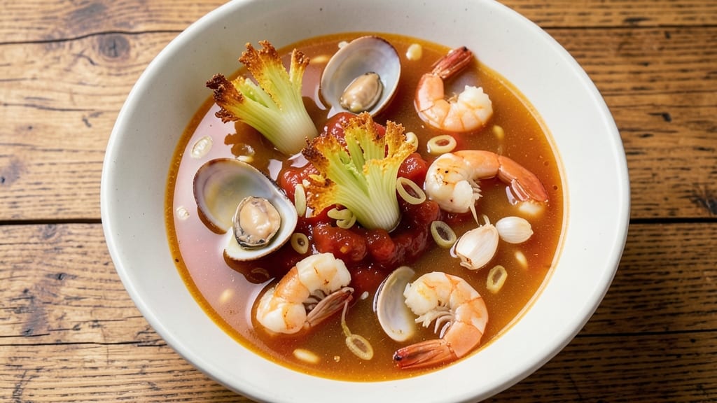 7 Mares Seafood Soup Recipe: Crispy Celery Crowns Over Richly Spiced Tomato Base