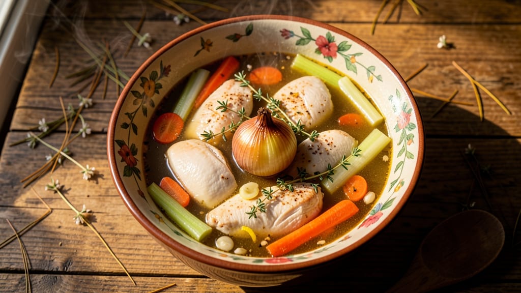 Alpine Village Inn Chicken Soup Recipe: Celery Crown Crunch Over Herbed Velouté
