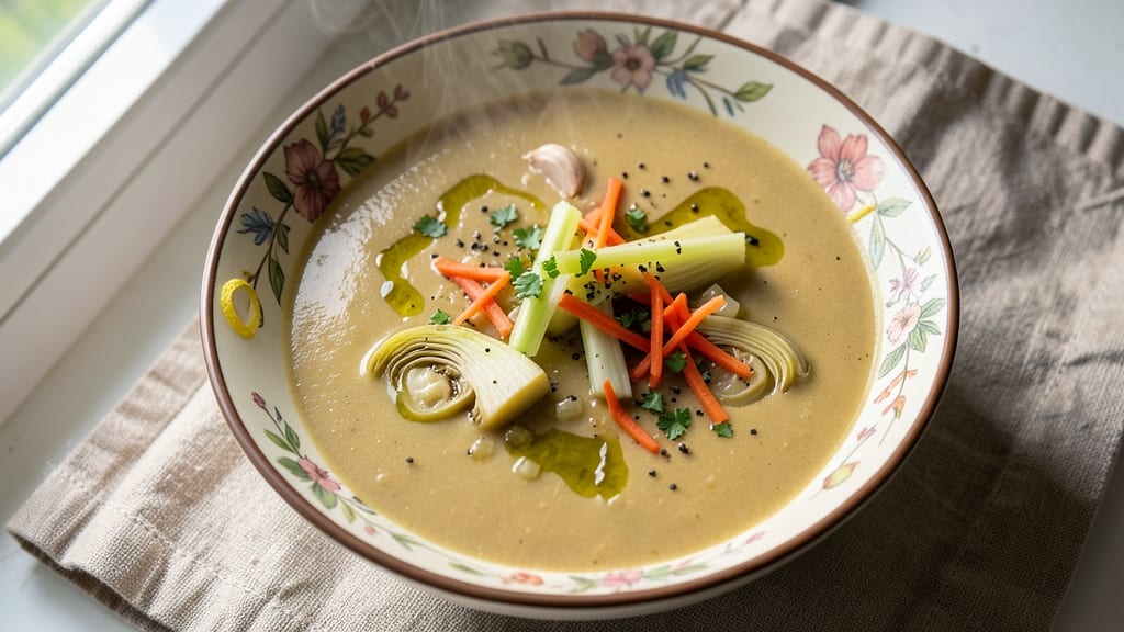 Artichoke Soup Recipe With Canned Artichokes: Crispy Celery Crowns Over Creamy Herb Velout
