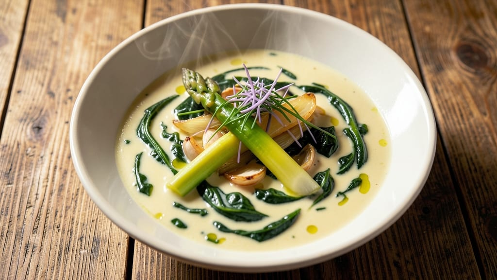 Amelie's Spinach Asparagus Leek Soup Recipe: Velvety Green Broth With Crispy Garlic Topping