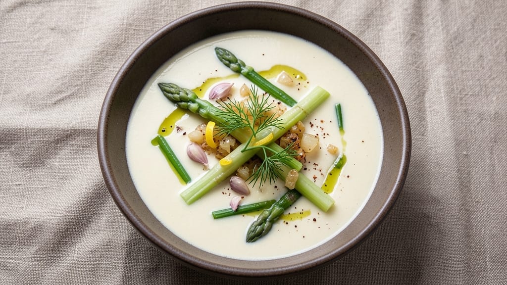 Asparagus and Celery Soup Recipe: Fresh Herb Crunch Over Silky Base