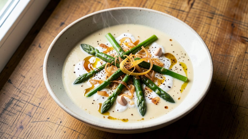 Asparagus Cheese Soup Recipe: Velvety Green Blend With Crispy Bread Topping