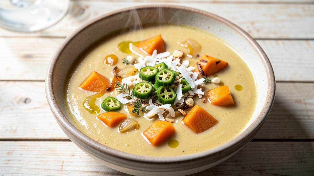 Bahamian Pumpkin Soup Recipe: Spiced Coconut Cream With Toasted Okra Crunch
