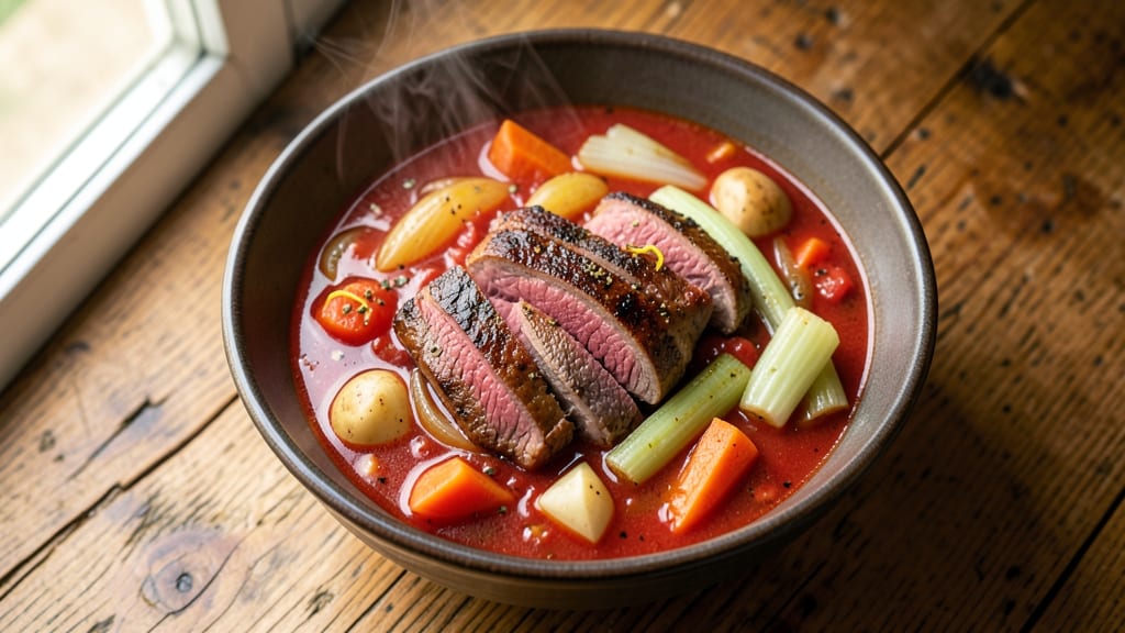 Beef Vegetable Soup Recipe with Tomato Sauce: Savory Depth and Celery Crown Crunch
