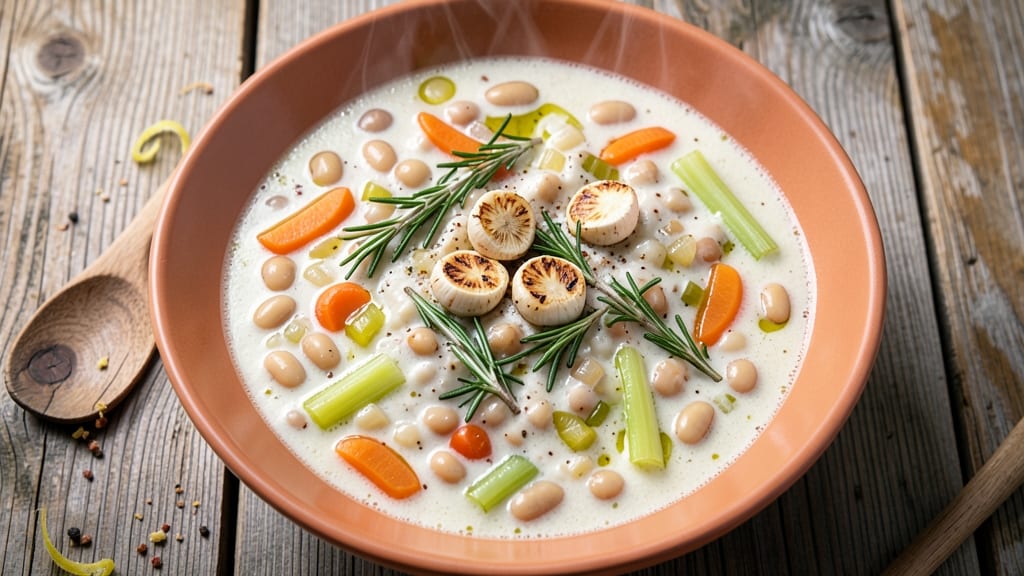 Alessi Tuscan White Bean Soup Recipe: Crispy Celery Crowns Over Earthy Rosemary Velout