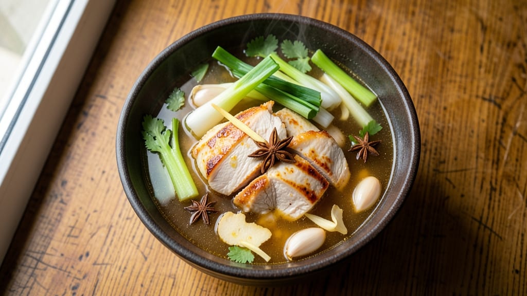 Asian Clear Chicken Soup Recipe: Celery Crown Crunch Over Silky Tofu Broth