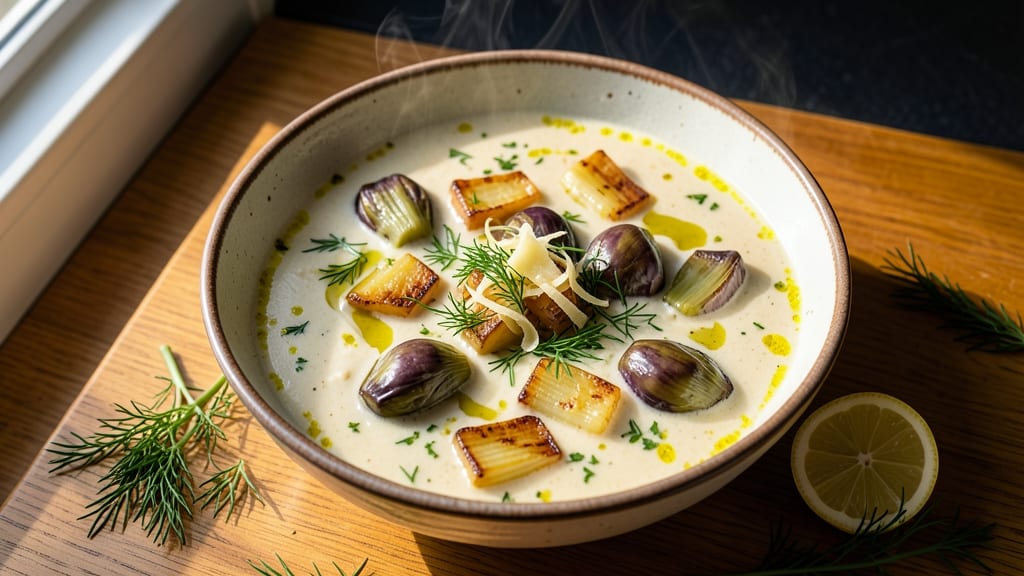 Artichoke Hearts Soup Recipe: Crispy Celery Crowns Over Creamy Dill Base