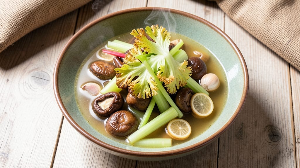 Bamboo Shoot Soup Recipe: Crispy Celery Crowns Over Earthy Mushroom Broth